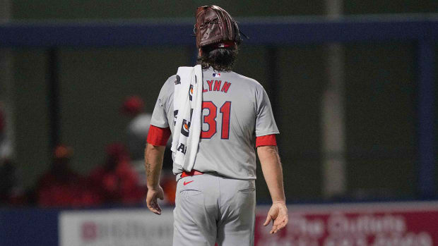Lance Lynn walks to the bullpen after being ejected.